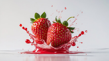 Ripe strawberries splashing with strawberry juice on white backdrop for vibrant and lively food advertisement shots Stock Photo Image Fruits Presentation