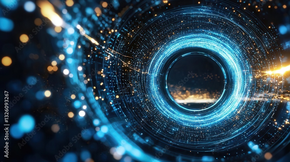 Poster mesmerizing abstract composition depicting a futuristic glowing blue hyperspace tunnel with swirling