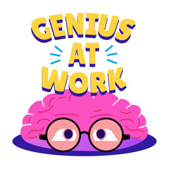 Flat style sticker of a brain wearing glasses with genius at work typography 