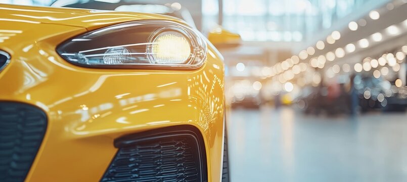 Sleek Yellow Sports Car In Showroom With Defocused Dealership Background And Space For Text.