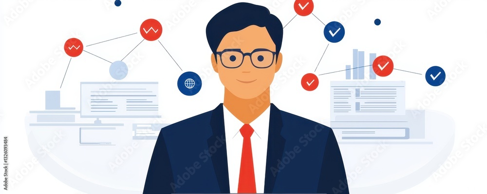 Aufkleber A professional illustration of a man in a suit, surrounded by data graphs and charts, symbolizing analysis and business insights.