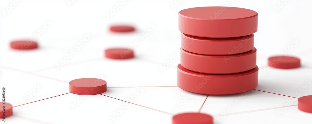 Poster A digital representation of stacked red disks, symbolizing data storage and connectivity in a networked environment.