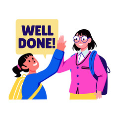 A flat sticker of student high five with well done typography 