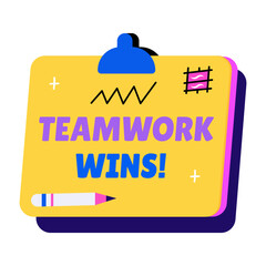 Teamwork wins written on a board, flat style sticker 
