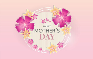 Mother's Day card with flowers and Happy Mother's Day inscription. Women s Day Poster. Pink festive background with floral decor. For social media posts