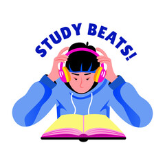 Flat sticker of a student wearing headphones with study beats typography 