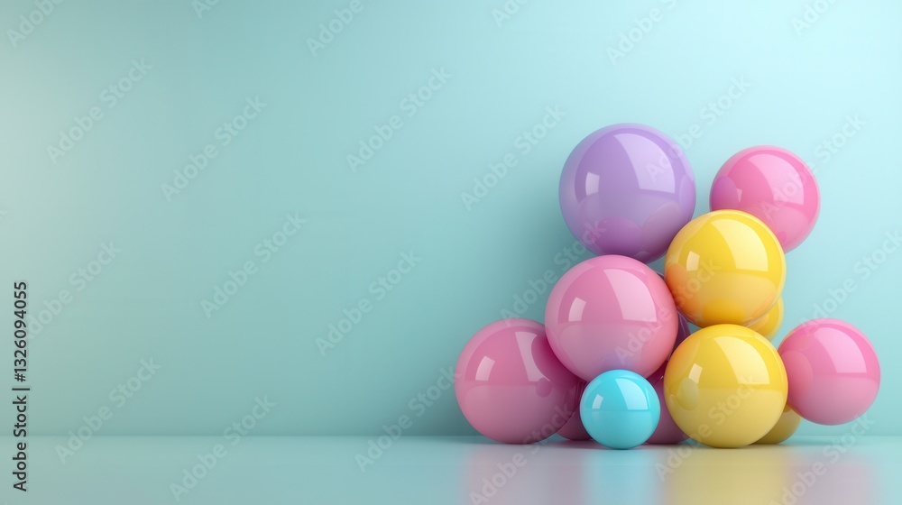 Poster visually striking 3d render of a cluster of floating pastel colored spheres arranged in a playful ab