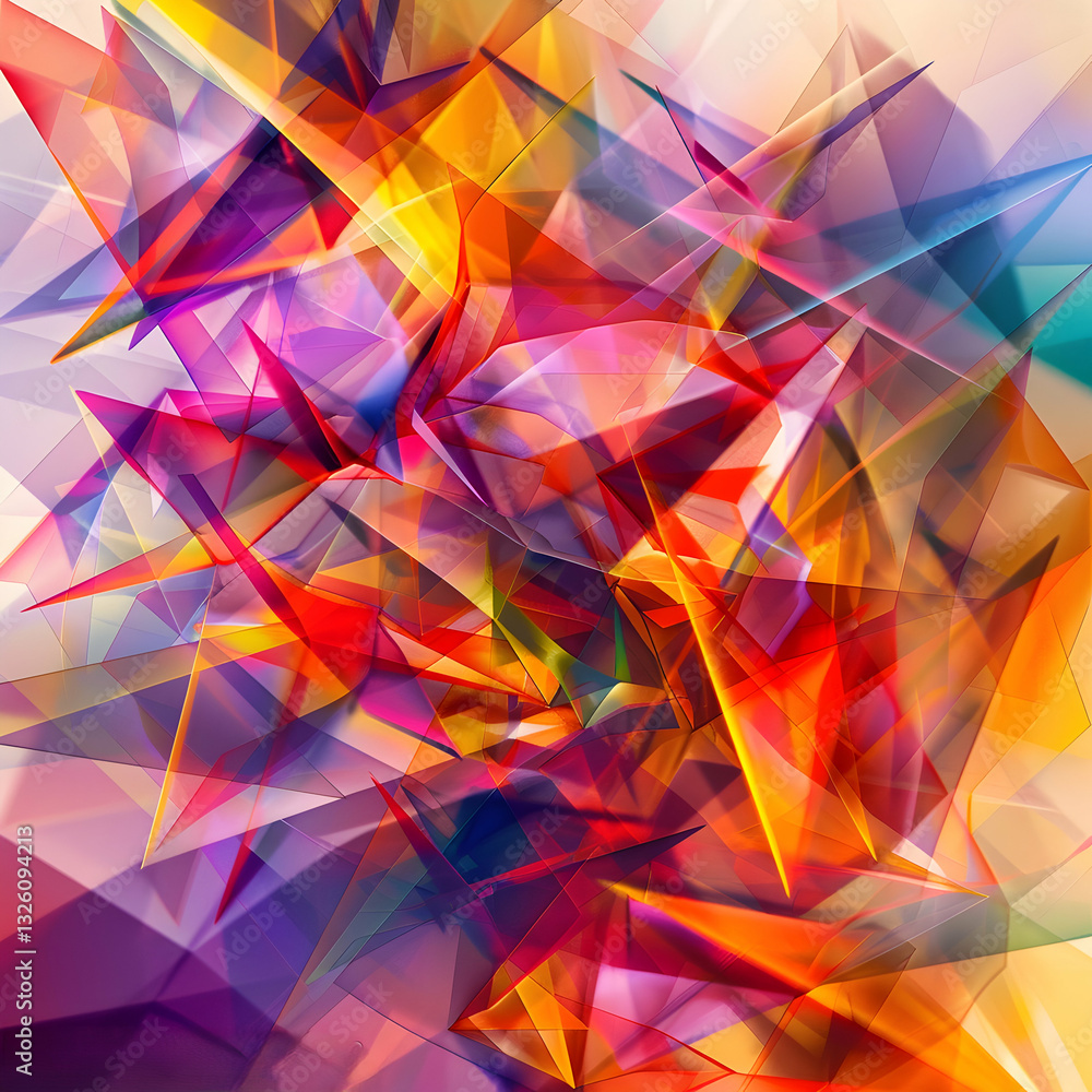 Poster a visually striking abstract composition with layered triangular shards in warm tones of orange, pin