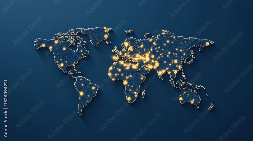 Poster A digital world map with glowing points representing connections, showcasing global networks and technology.
