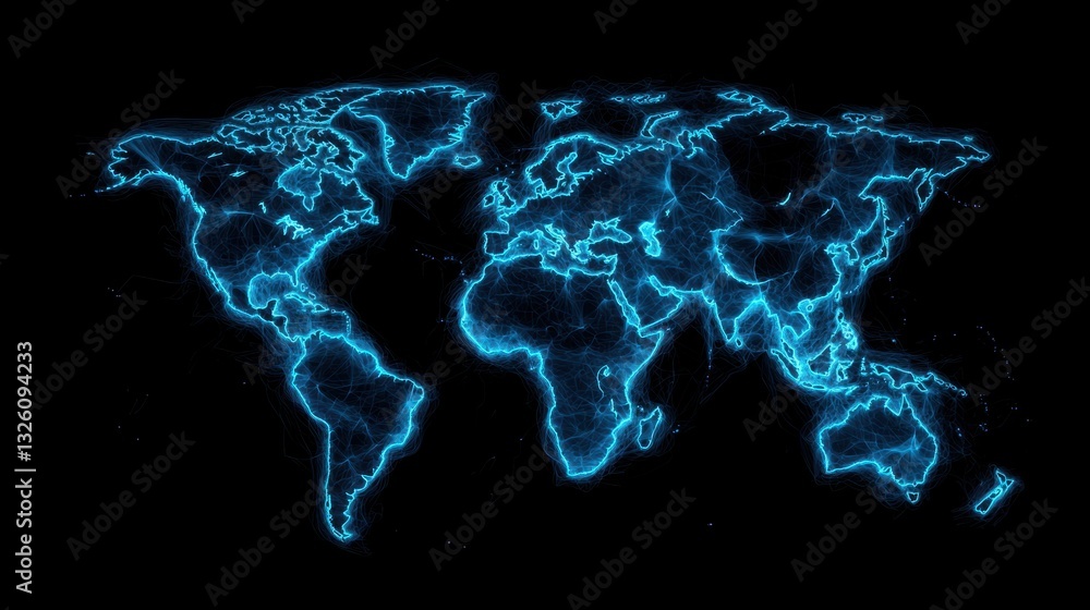 Poster a glowing blue outline of a world map against a dark background, highlighting continents and oceans 
