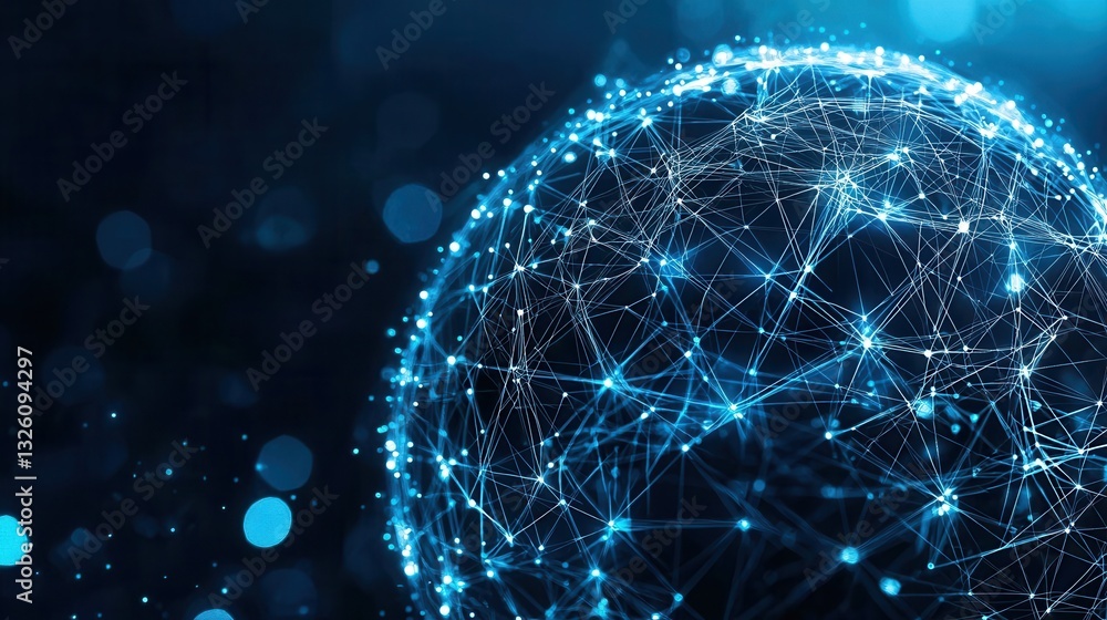 Poster an abstract digital depicting a glowing wireframe sphere made up of interconnected nodes representin