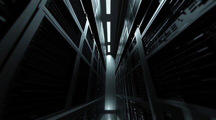 Server Room Racks and Lighting in Dark Environment Data Center