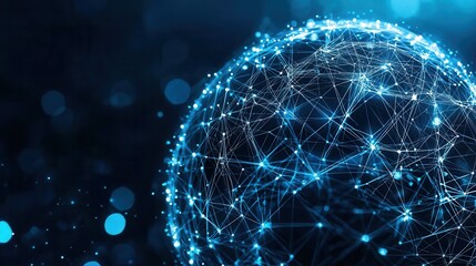 An abstract digital depicting a glowing wireframe sphere made up of interconnected nodes representing a global communication network or digital ecosystem