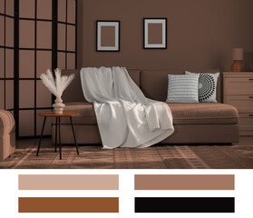 Stylish living room in mocha mousse shade. Interior design and matching color palette