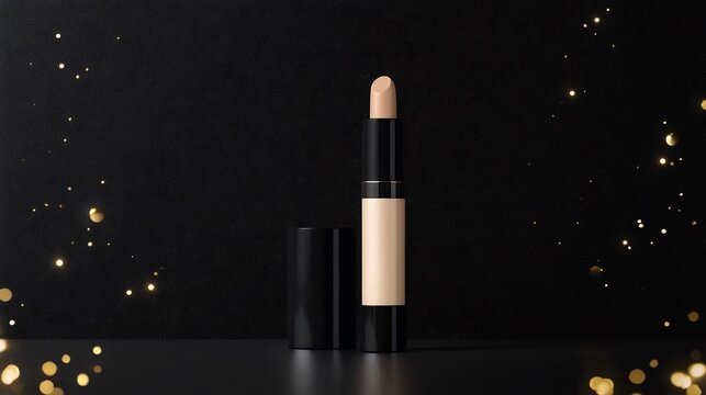Luxury concealer stick mockup standing a sleek black background with golden reflections for a premium look