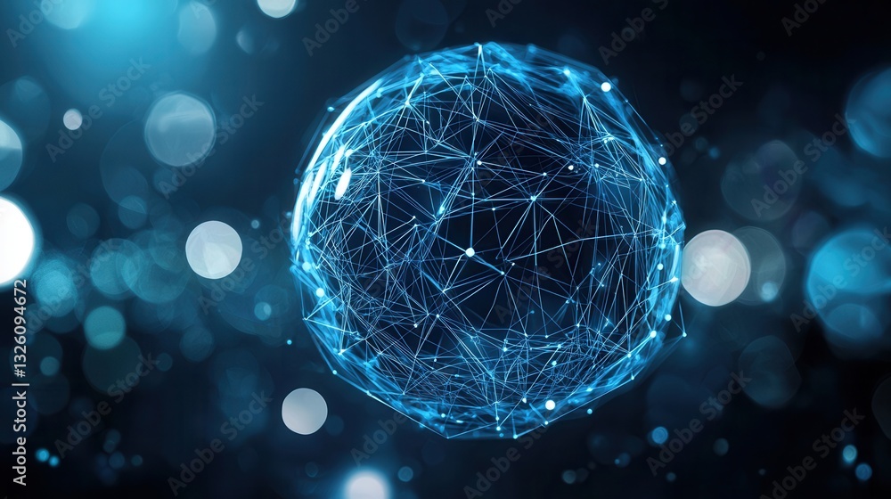 Poster a futuristic illuminated blue sphere composed of interconnected points and lines creating a modern w