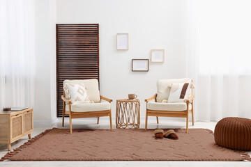 Stylish living room with elements in mocha mousse shade. Interior design with trendy color of 2025 year