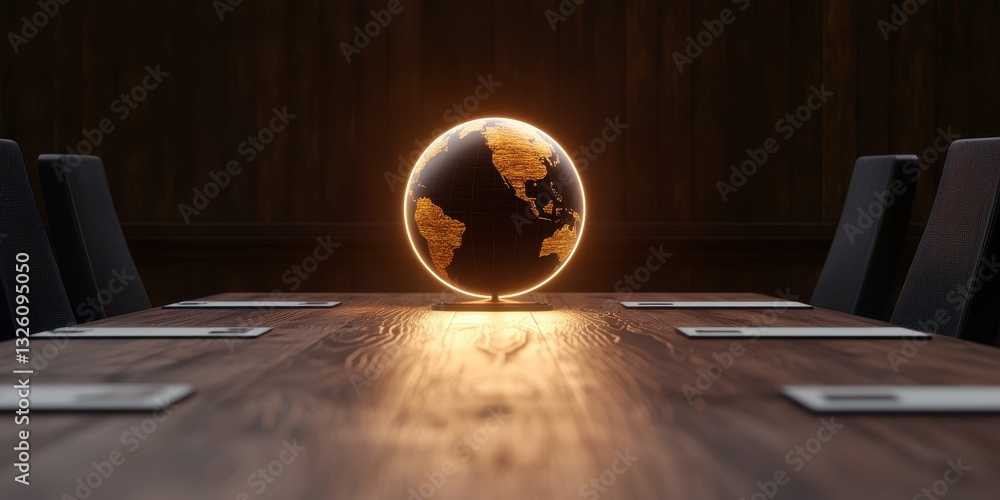 Poster a glowing globe sits on a wooden conference table, symbolizing global connection and collaboration i