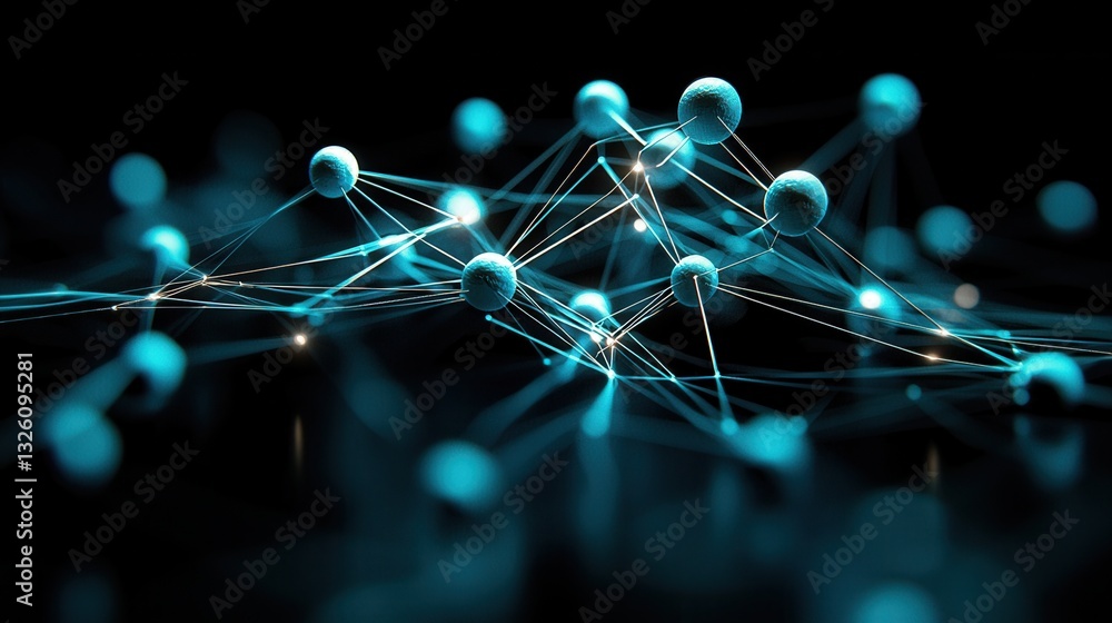 Poster abstract digital network with interconnected nodes and lines forming a complex futuristic grid patte