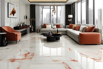 Modern living room design with marble flooring and furniture