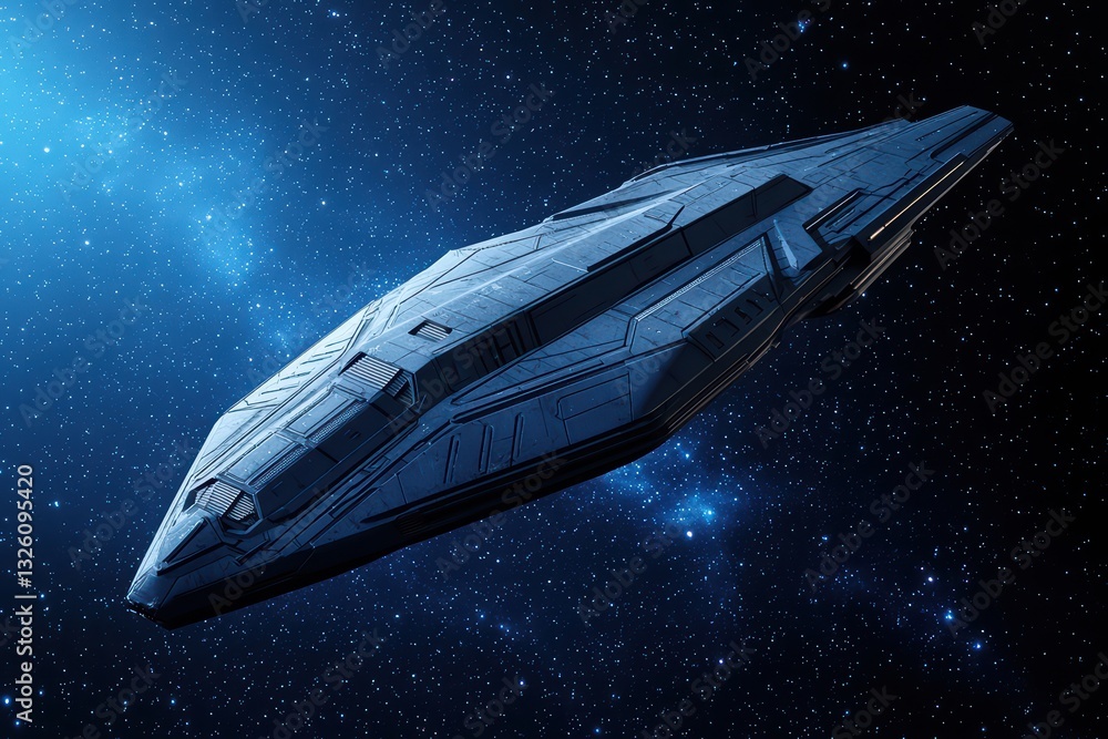 Poster futuristic spaceship design for interstellar travel in outer space environment