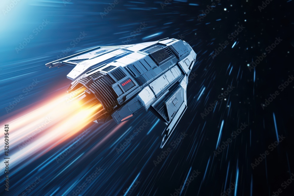 Poster concept of a futuristic spaceship traveling through a warp tunnel in sci-fi universe