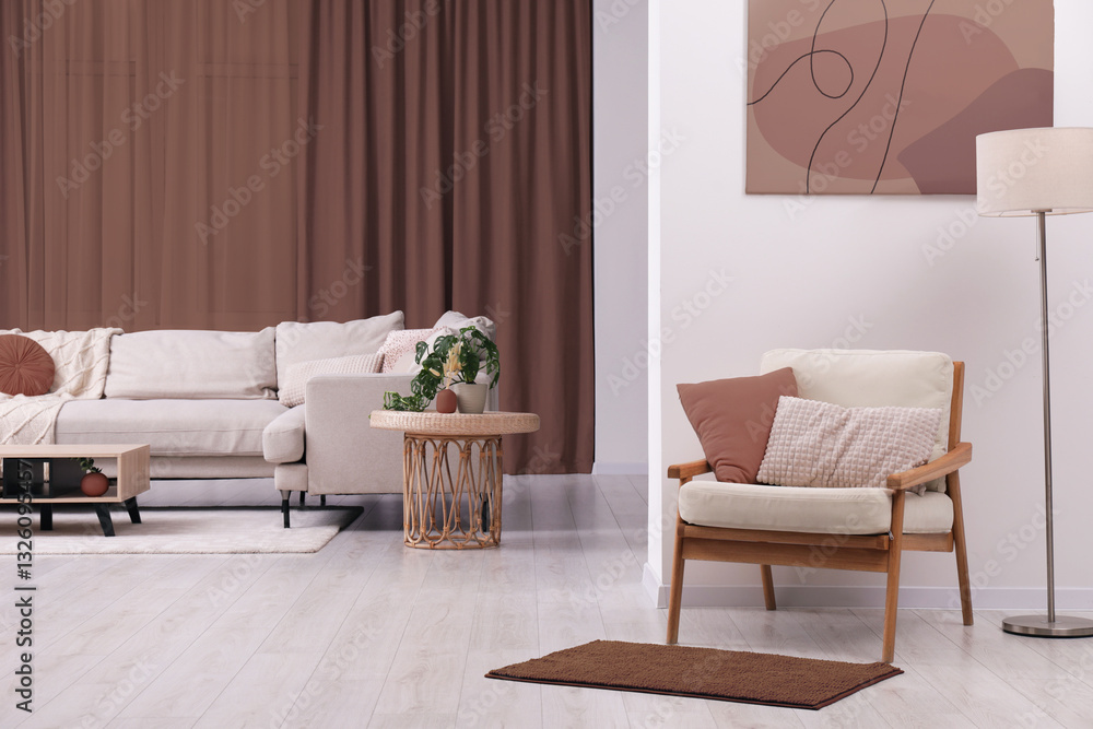 Poster stylish apartment with elements in mocha mousse shade. interior design with trendy color of 2025 yea