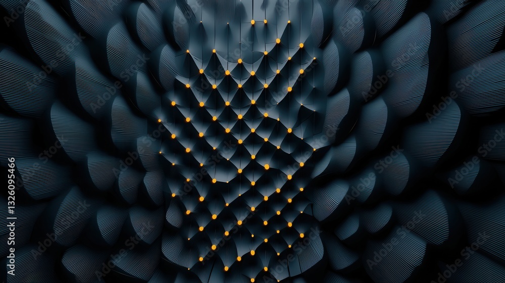 Poster a striking abstract digital featuring a complex symmetrical grid pattern in dark blue tones with int