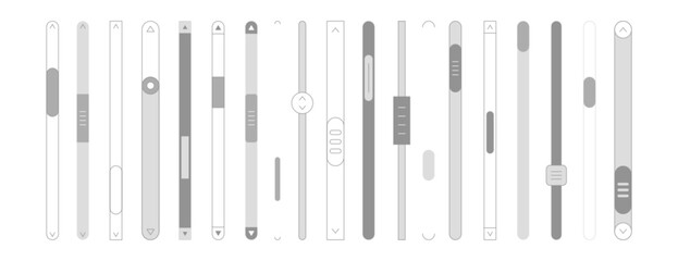 Vector set of scroll bars or vertical sliders. Web design elements for website or internet page. Scrollbars, menu graphic ui interface scrolls control, brightness controllers and volume slider icons