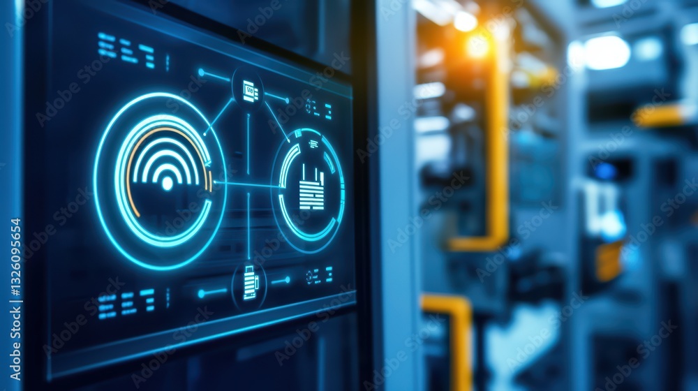 Poster advanced iot connectivity concept in smart factory with digital interface and control panel
