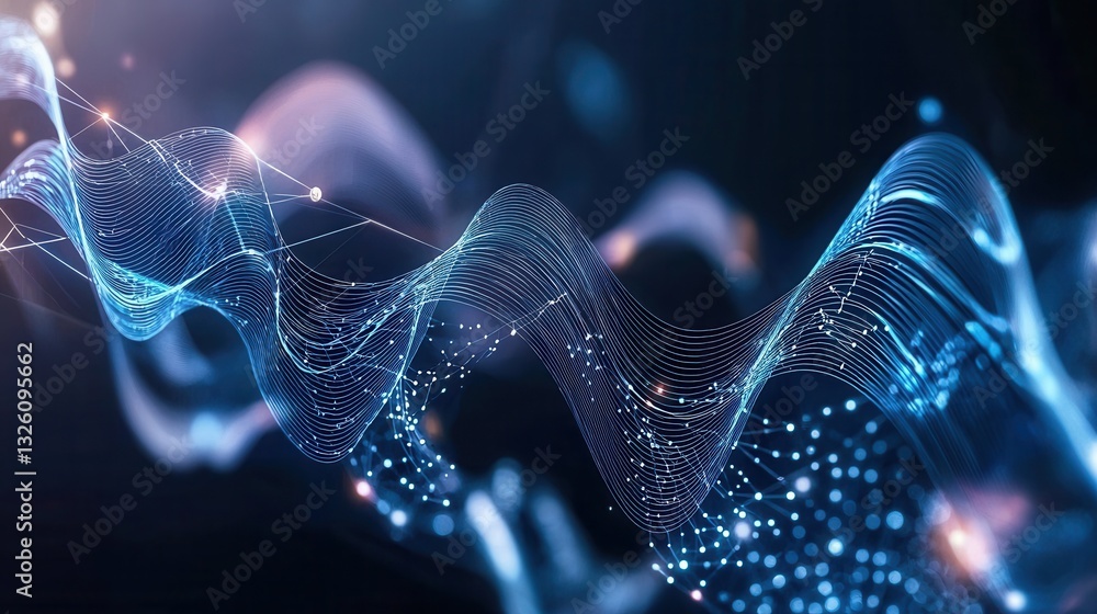 Poster intricate dark blue grid network with dynamic digital connection lines and luminous particles repres