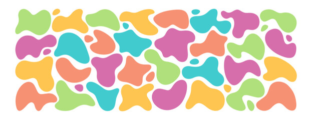 Set of liquid organic shapes, irregular form. Colorful simple freeform or asymmetric blobs. Random deformed abstract figures, wavy spots or fluid amorphous splodges. Modern uneven blots, amoeba drops