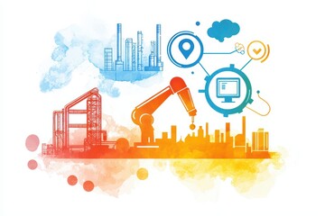 Obraz premium Watercolor Concept of IoT in Manufacturing with Industrial Elements and Modern Technology