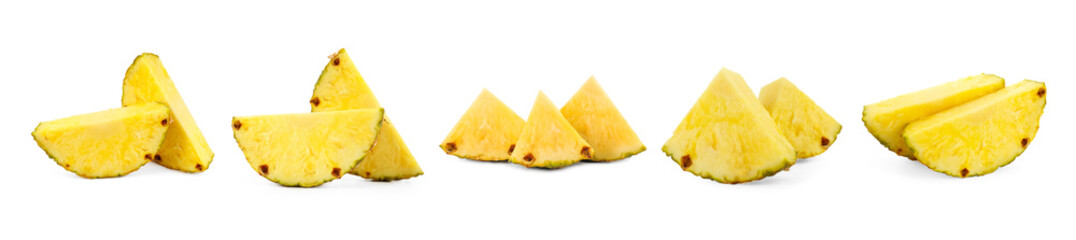Fresh pineapple pieces isolated on white, set