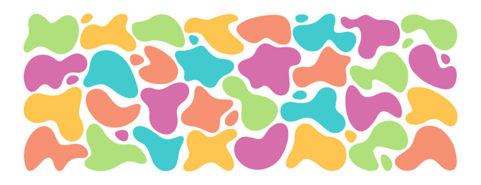 Set of liquid organic shapes, irregular form. Colorful simple freeform or asymmetric blobs. Random deformed abstract figures, wavy spots or fluid amorphous splodges. Modern uneven blots, amoeba drops