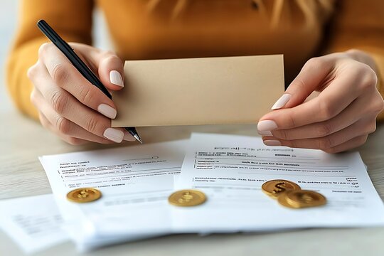 Woman reviewing finances for blank check.