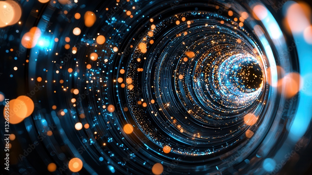 Poster a captivating visual representation of data transfer through a dynamic glowing vortex of luminous pa