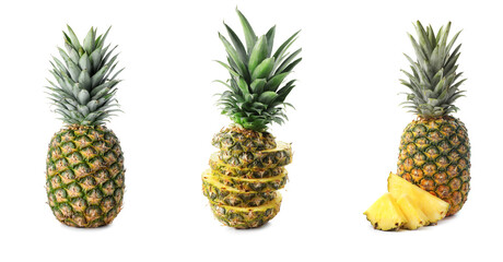 Fototapeta premium Fresh tasty pineapples isolated on white, set