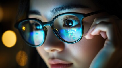 A woman wearing glasses is looking at something on a screen