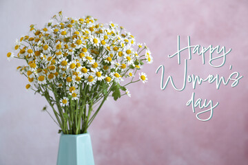 Happy Women's day card. Beautiful chamomile flowers in vase on pink background