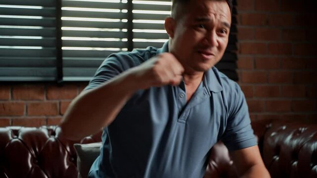 Front view, medium shot, Asian middle-aged man sitting on leather sofa in living room, cheering boxing match on television alone with excited at home