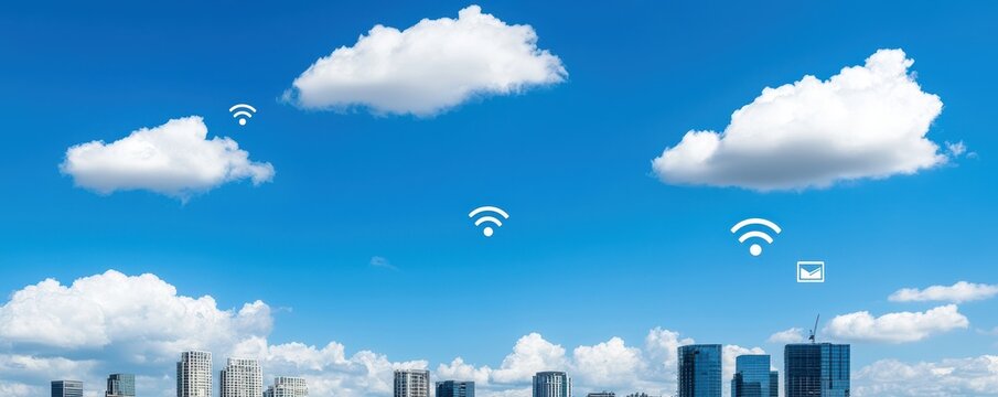 A skyline featuring modern buildings under a bright blue sky with fluffy clouds and Wi-Fi symbols, representing technology and connectivity.