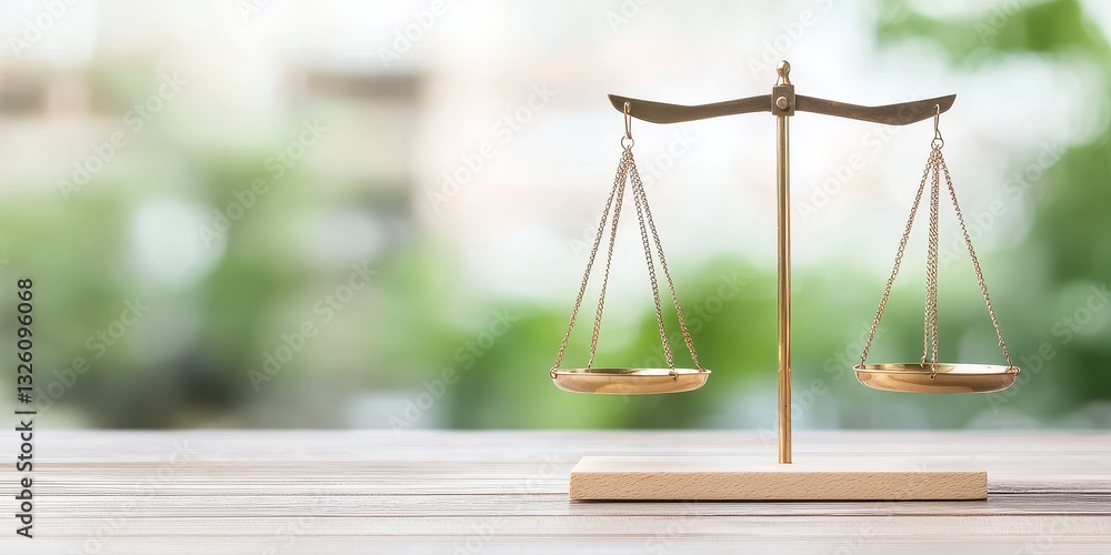 Poster a balanced scale symbolizes justice and fairness, placed on a wooden surface with a soft-focus green