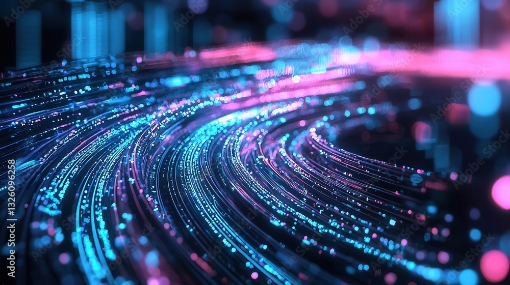 Poster futuristic digital composition featuring a dynamic display of neon colored glowing wave lines flowin
