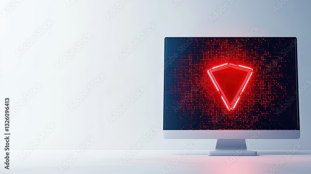 Poster isolated computer monitor displaying red security alert symbol on white background