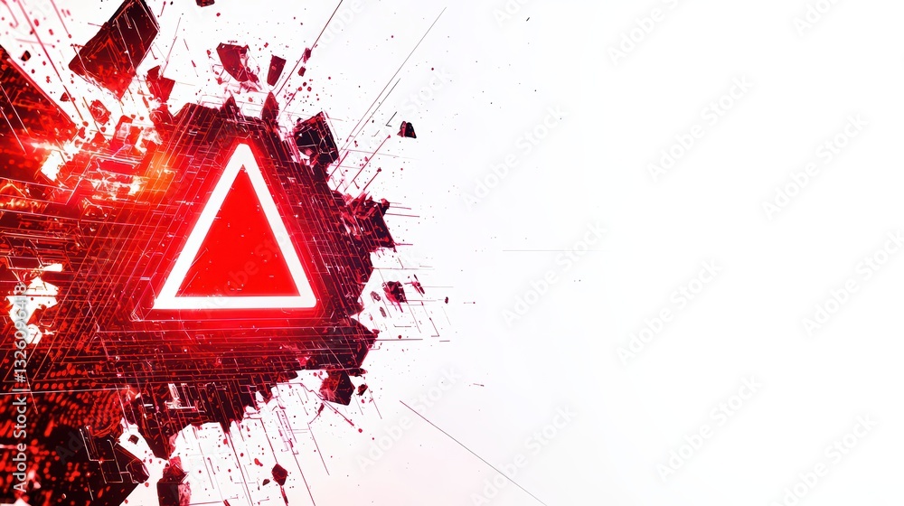 Poster isolated security alert concept with red warning triangle on white background