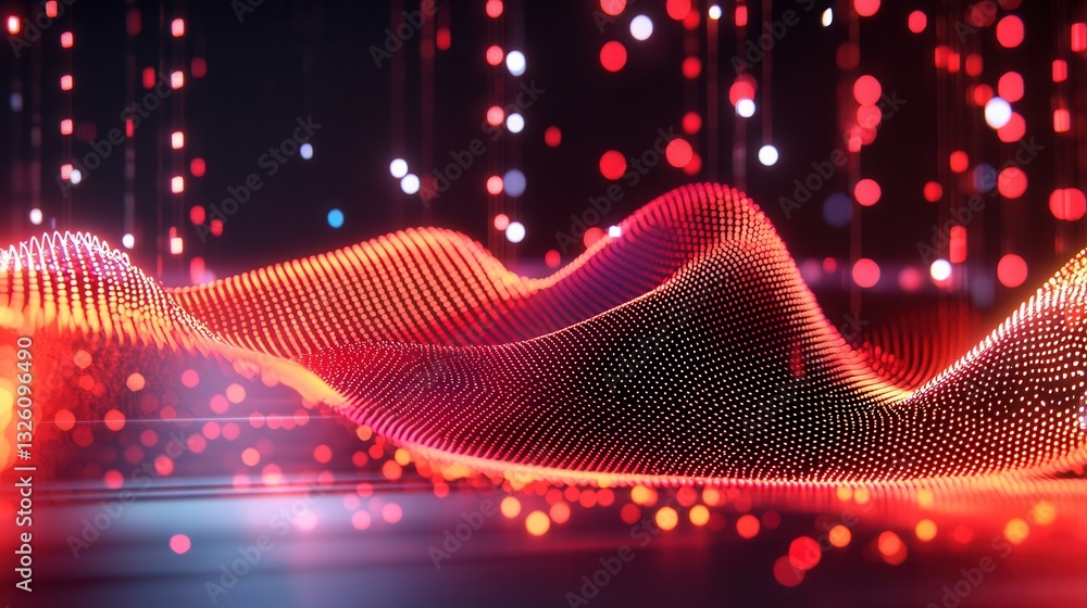 Poster glowing dynamic digital landscape of an abstract neural network system visualizing complex big data 