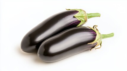Two Glossy Dark Purple Eggplants On White Background