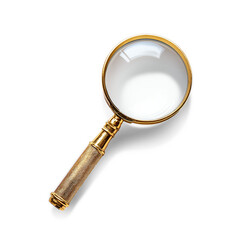 Magnifying Glass Isolated Golden Loupe Lens,  on a white and transparent background, PNG.