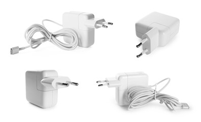 USB charge cable and power adapter on white background, set